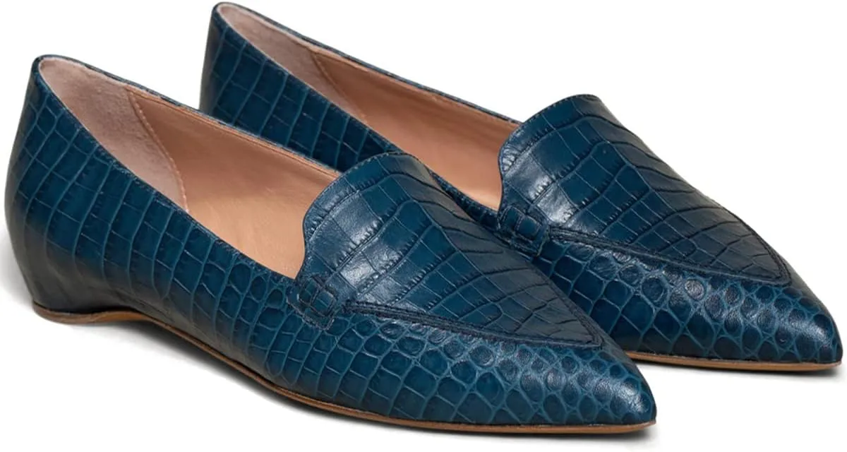 LEHOOR Women Casual Pointed Toe Loafer Flats Shoes Slip On Suede Penny Loafers Flat Heel Closed Pointy Toe Driver Coach Office Loafers Crocodile Snakeskin Flats Dressy Comfort Fall Retro 4-11 M US