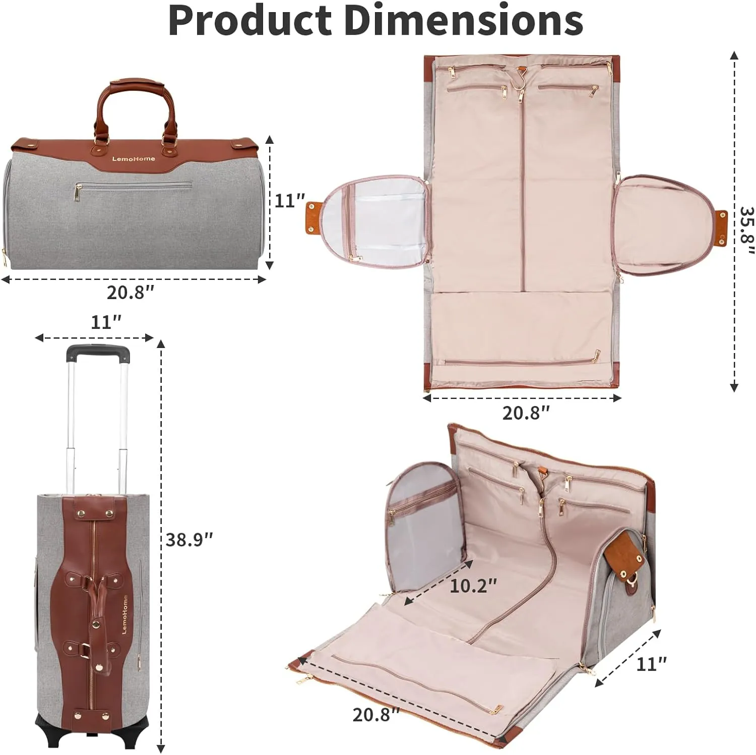 LemoHome Garment Bags with Wheels,Carry On Duffel Bag for Travel,Garment Suitcase for Dress & Suit,Shoulder Strap and Shoes Compartment,Convertible Rolling Weekender Flight Bags for Women and Men