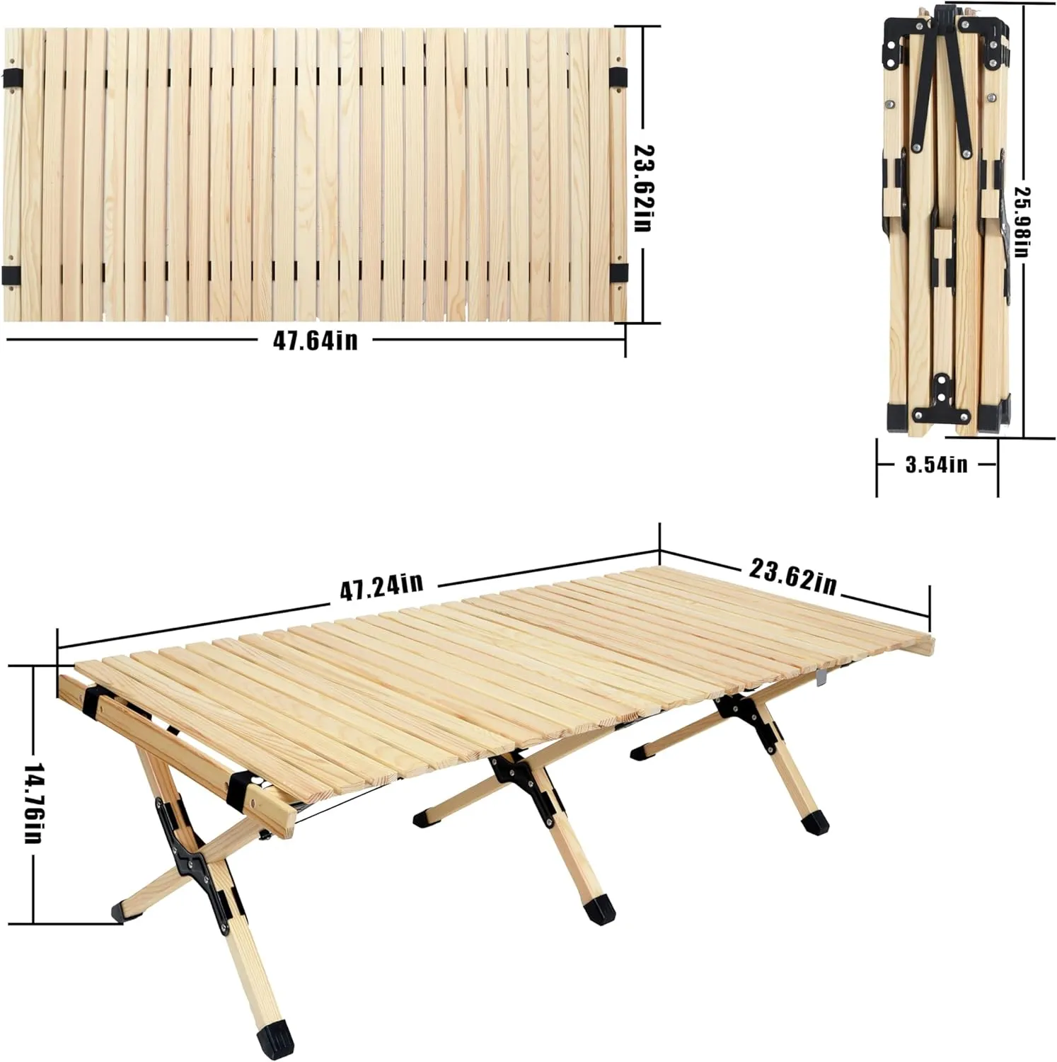 Lightweight Camping Table with Carry Bag – Roll-Up Outdoor Folding Table, Solid Wood Portable Table for Camping, Picnics, and Outdoor Activities (Natural Wood, Rectangular)