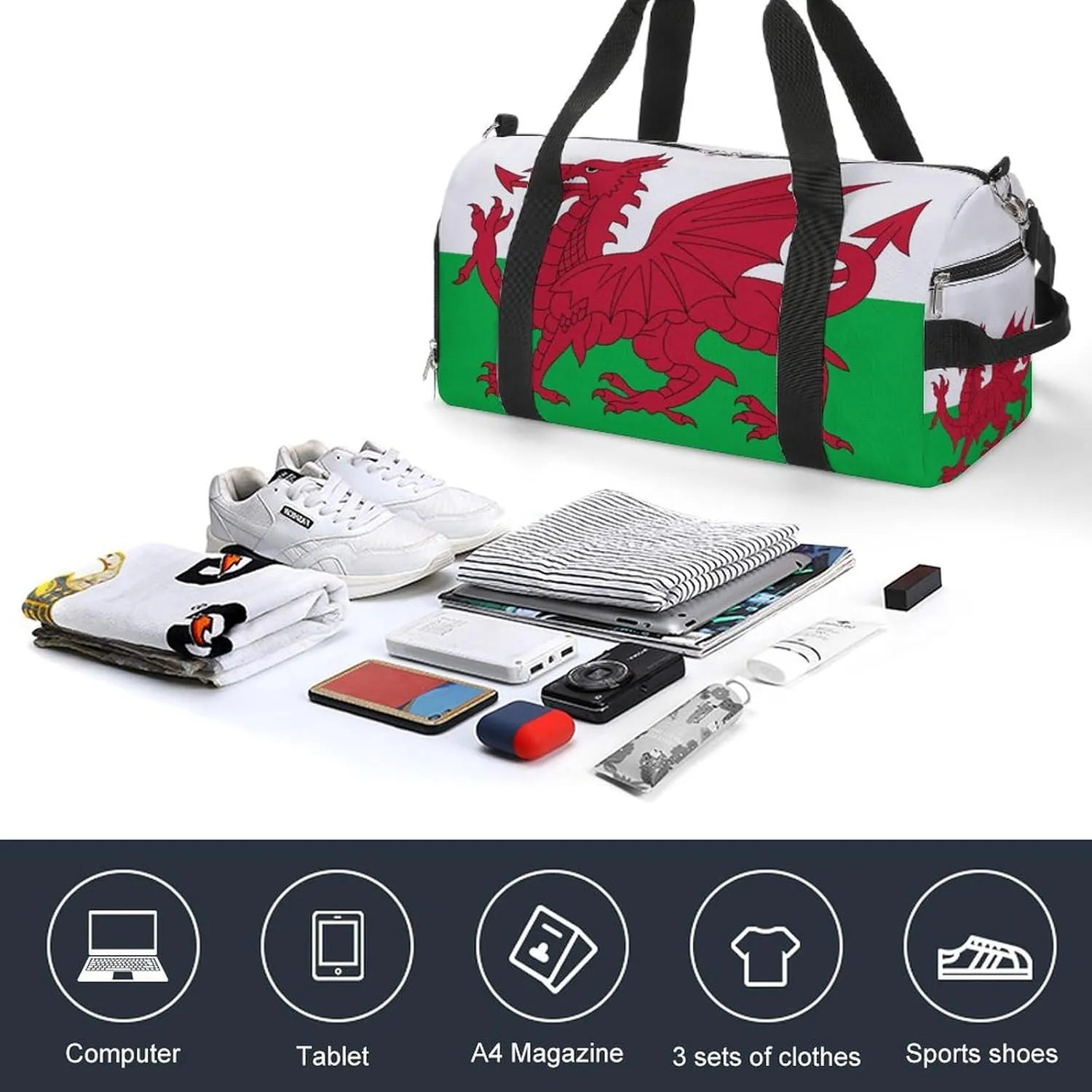 Lightweight Wales Flag Duffel Bag for Boys Girls with Shoe Compartment