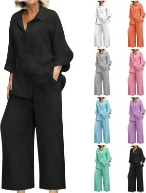 Linen 2 Piece Sets For Women Summer 2024 Loose Long Sleeve Shirts Wide Leg Pant Matching Set Plus Size Vacation Outfits