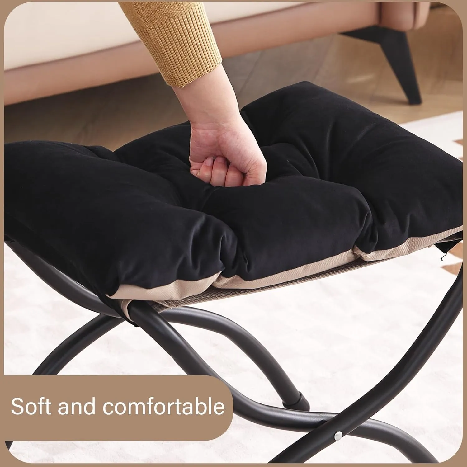 LITA Folding Upholstered Footrest Stool, Modern Small Portable Accent Ottoman with Detachable Thick Cotton Cushion Padded Sofa Stool with Metal Frame for Lazy Chair, Living Room & Bedroom, Black