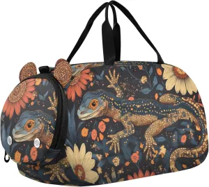 Lizard with Floral Back Youth Sports Duffel Bag with Ventilated Shoe Compartment|All-Season Lightweight Travel Gym Bag for Girls & Boys|Water-Resistant Gear Bag