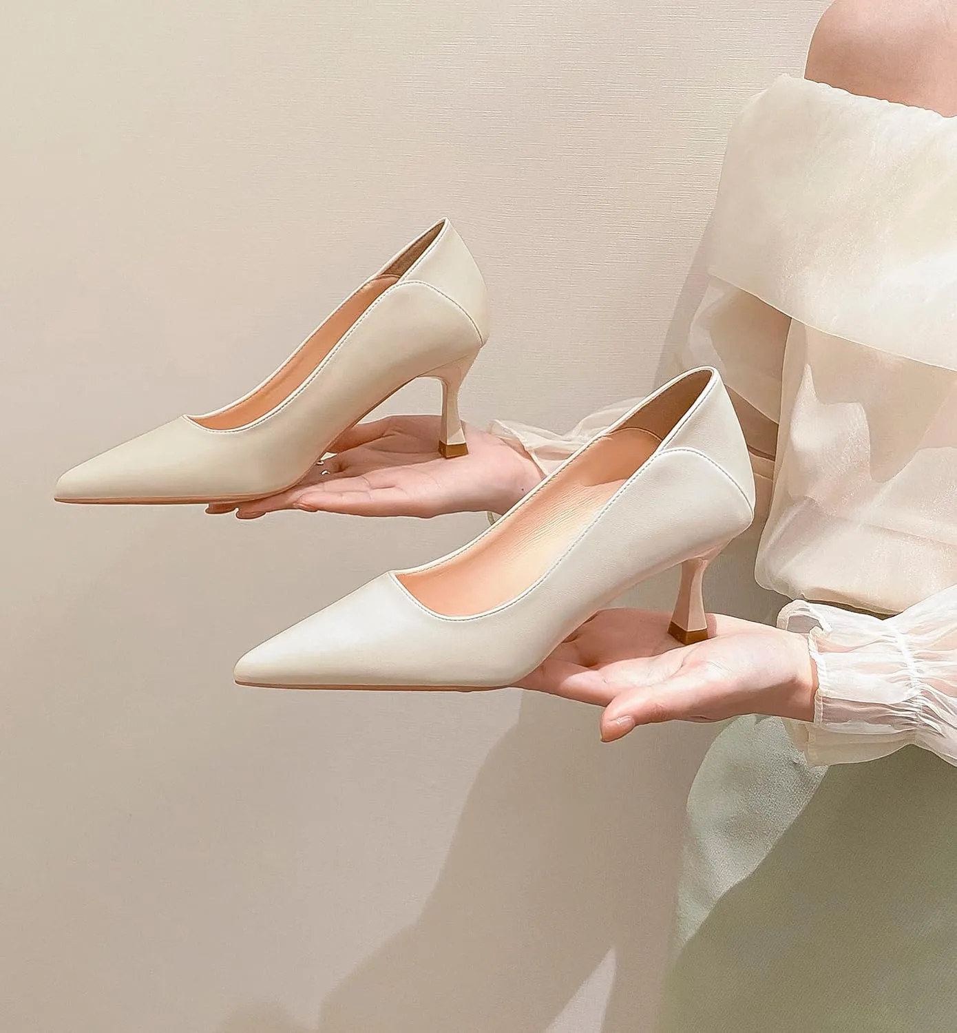 LizFoYa Women's Pointed Toe Leather Slip On 2 Inch Kitten Low Heel Pumps Office Work Dress Foldable Shoes