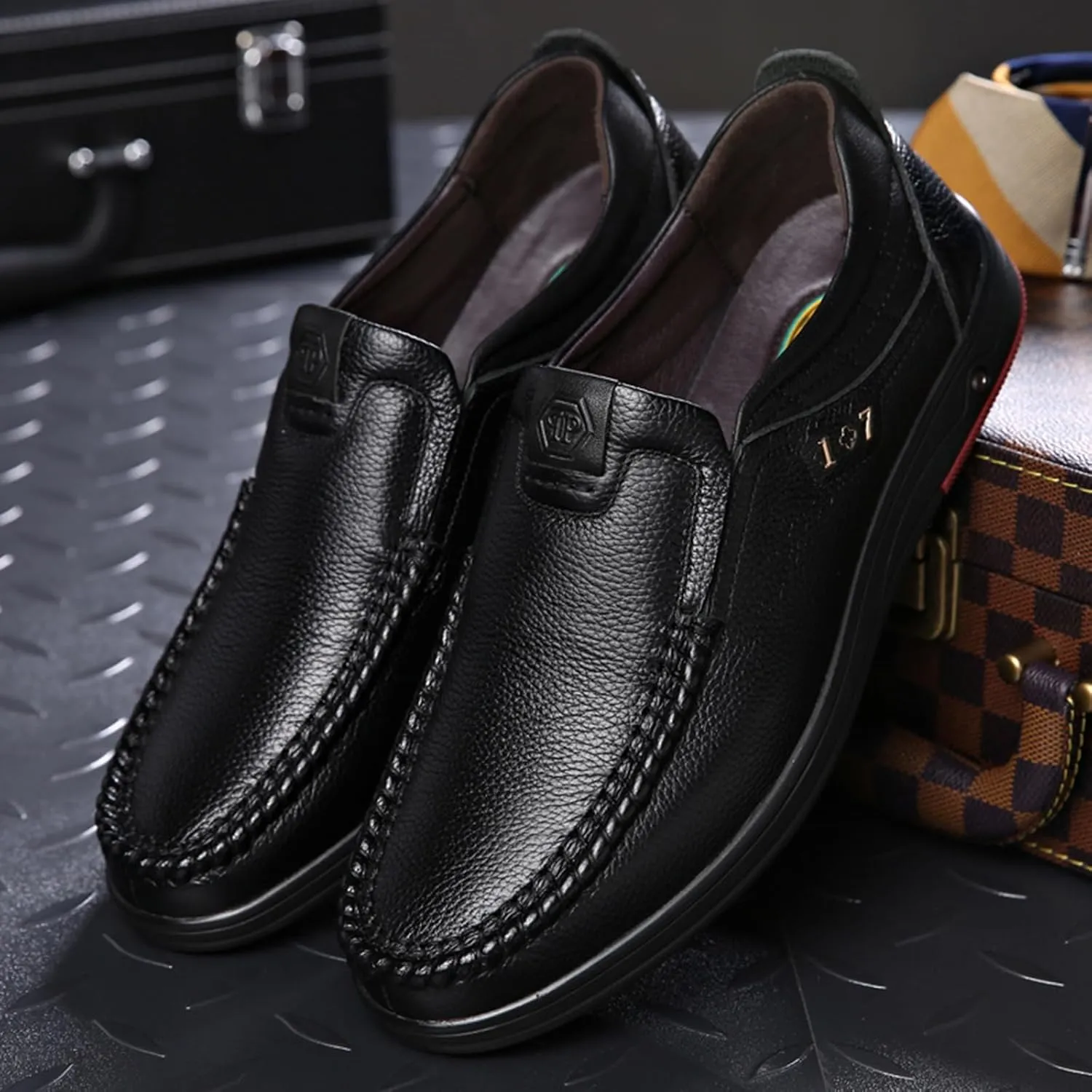 Loderin Mens Shoes Men's Business Arch Support Relaxed Fit Lightweight Breathable Cushioned Leather Slip-on Shoes