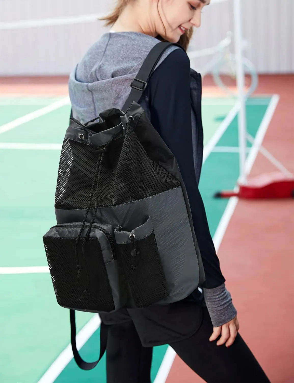Lohol Large Mesh Drawstring Backpack with Shoe Bag, Durable Swimming String Sack with Handle for Sports Gym Yoga Beach Travel