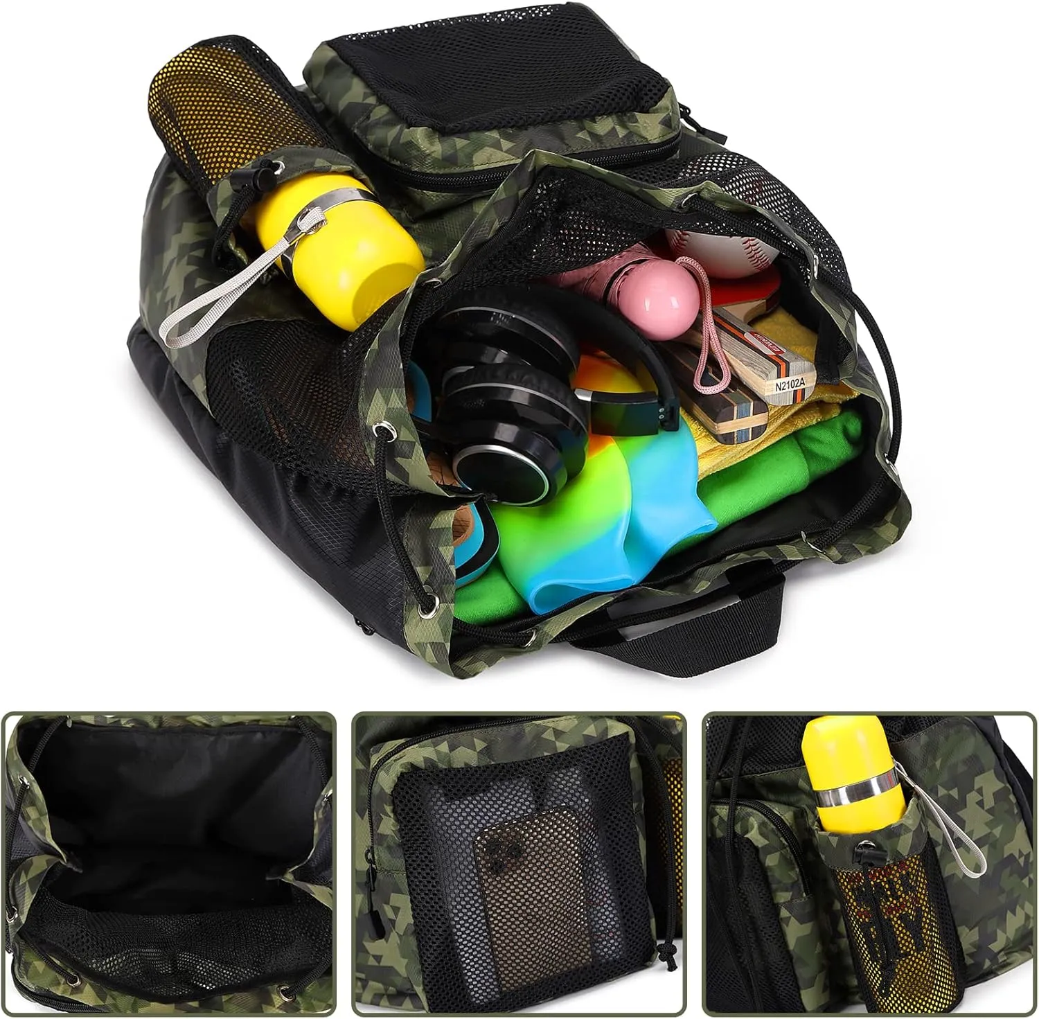 Lohol Large Mesh Drawstring Backpack with Shoe Bag, Durable Swimming String Sack with Handle for Sports Gym Yoga Beach Travel