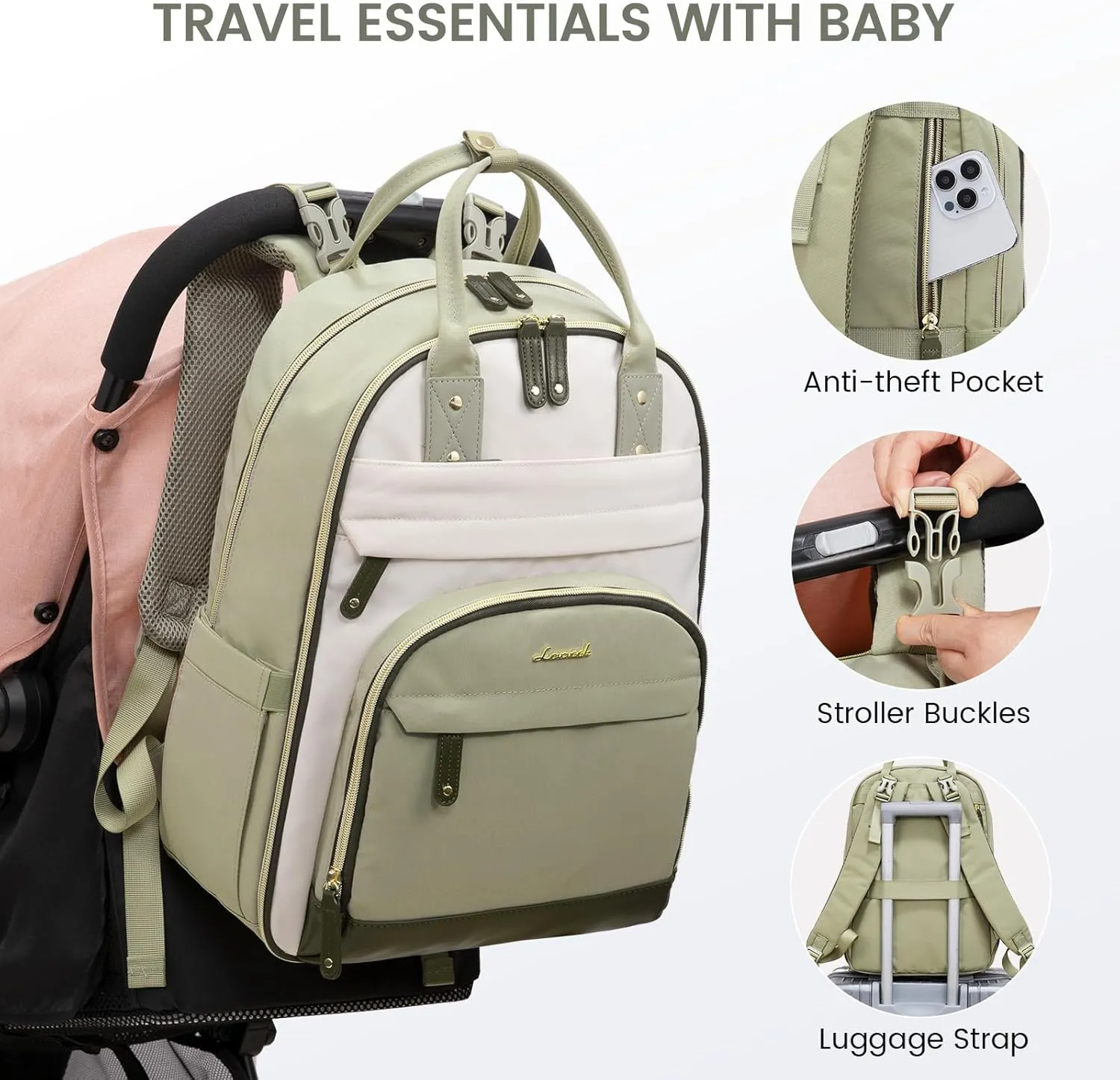 LOVEVOOK Diaper Bag Backpack, Baby Bag with Changing Pad, Large Diaper Backpack Boy Girl, Waterproof Baby Registry Bag for Mom Dad with Stroller Buckles, Light Green-beige-olive Green