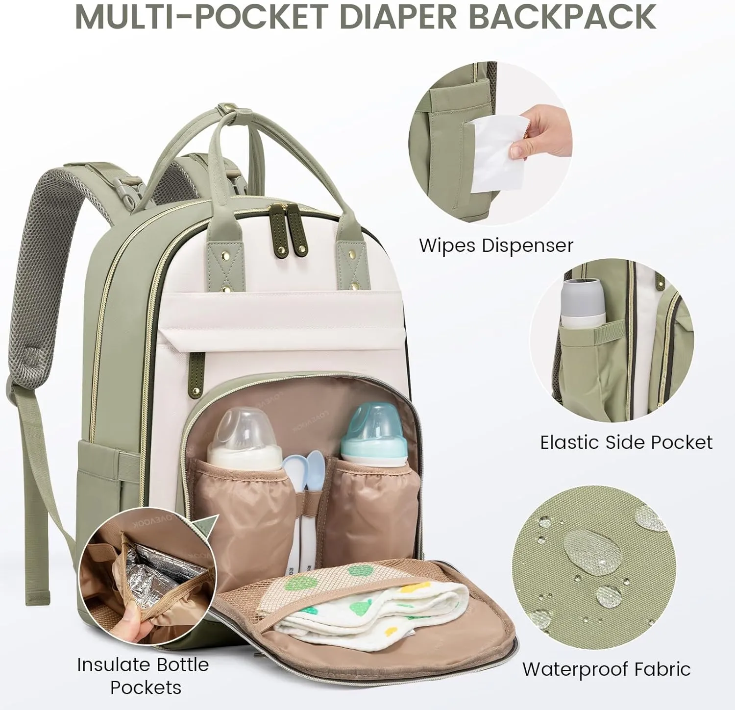 LOVEVOOK Diaper Bag Backpack, Baby Bag with Changing Pad, Large Diaper Backpack Boy Girl, Waterproof Baby Registry Bag for Mom Dad with Stroller Buckles, Light Green-beige-olive Green
