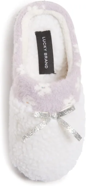 Lucky Brand Little Girls Floral Collar Bow Sherpa Clog Slippers, Kids Fuzzy Cozy Warm Slip On Bedroom Slipper House Shoes