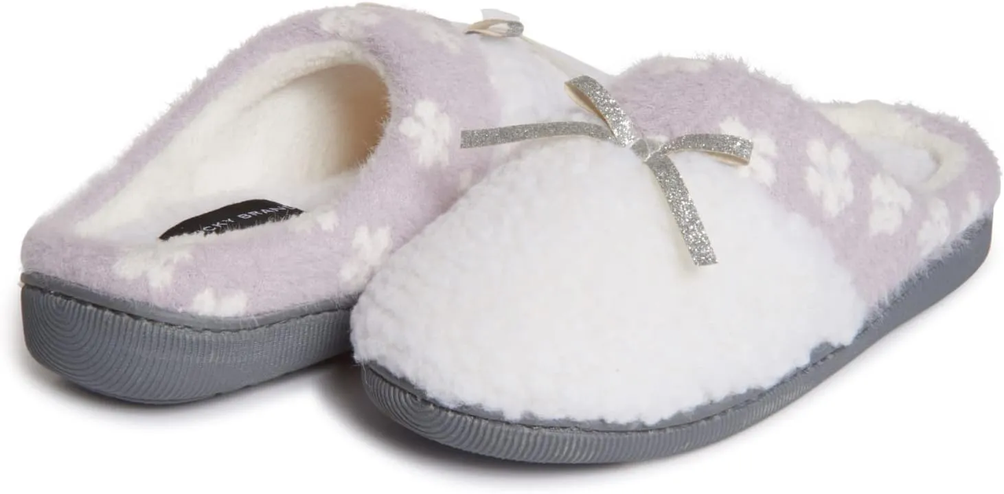 Lucky Brand Little Girls Floral Collar Bow Sherpa Clog Slippers, Kids Fuzzy Cozy Warm Slip On Bedroom Slipper House Shoes