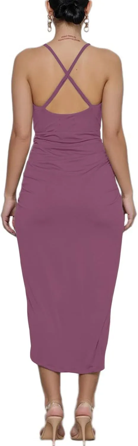 LYANER Women's V Neck Ruched Wrap Slit Hem Sleeveless Spaghetti Strap Midi Bodycon Dress