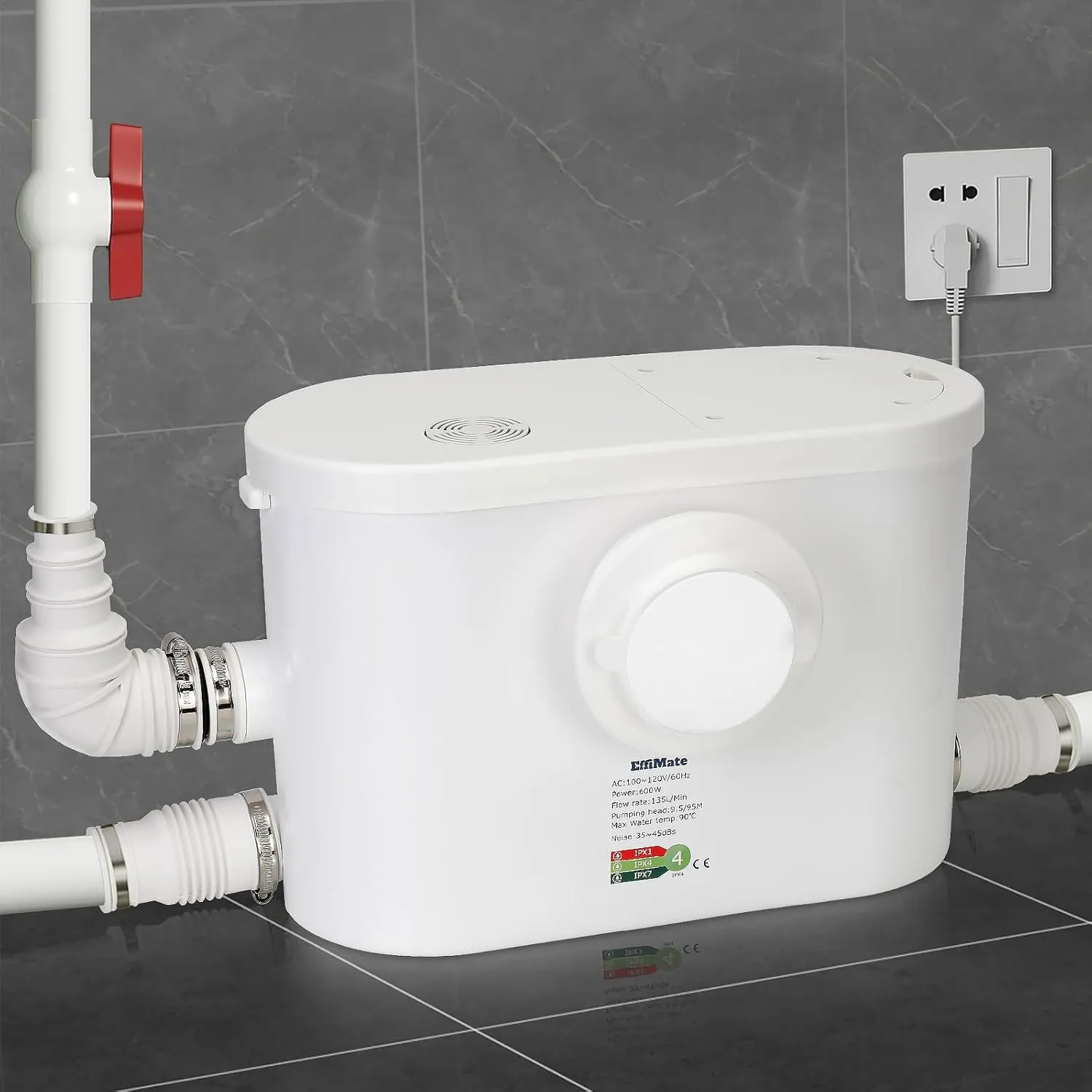 Macerator Pump, Silent 600W Sink Sewage Sump Pump, 8100 L/h Flow, Upflush 31.2 ft/9.5 m Head, 3 Water Inlets for Basement, Kitchen, Shower, Toilet, Bathtub Waste Water Disposal
