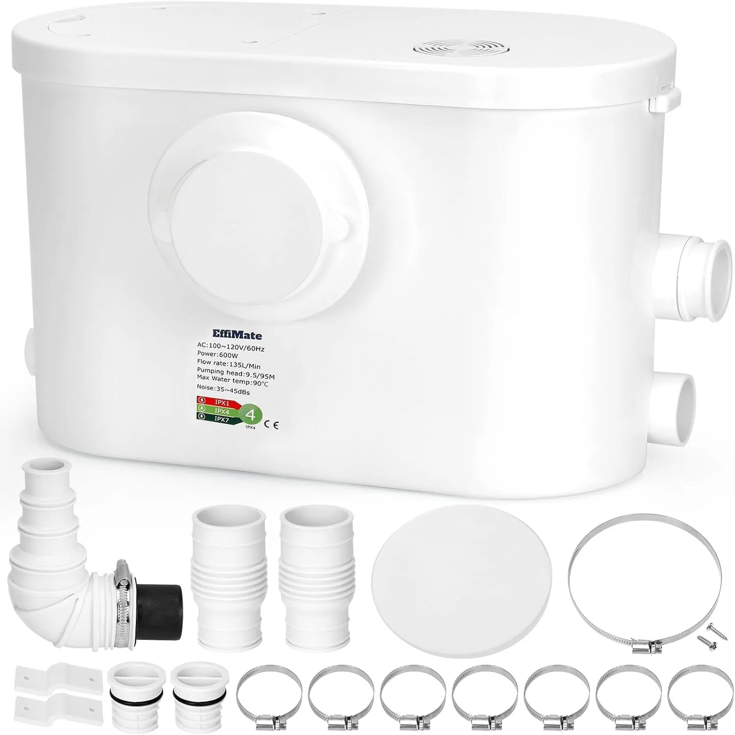 Macerator Pump, Silent 600W Sink Sewage Sump Pump, 8100 L/h Flow, Upflush 31.2 ft/9.5 m Head, 3 Water Inlets for Basement, Kitchen, Shower, Toilet, Bathtub Waste Water Disposal