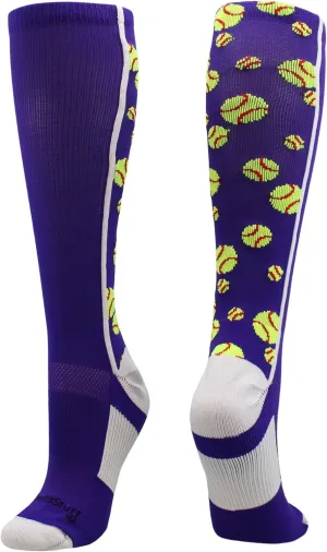 MadSportsStuff Crazy Softball Socks with Softballs for Girls Women Youth Adult Over the Calf Long Tall Fun Team Socks Gift
