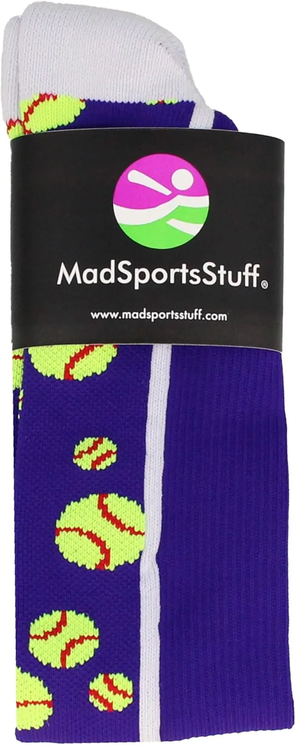 MadSportsStuff Crazy Softball Socks with Softballs for Girls Women Youth Adult Over the Calf Long Tall Fun Team Socks Gift