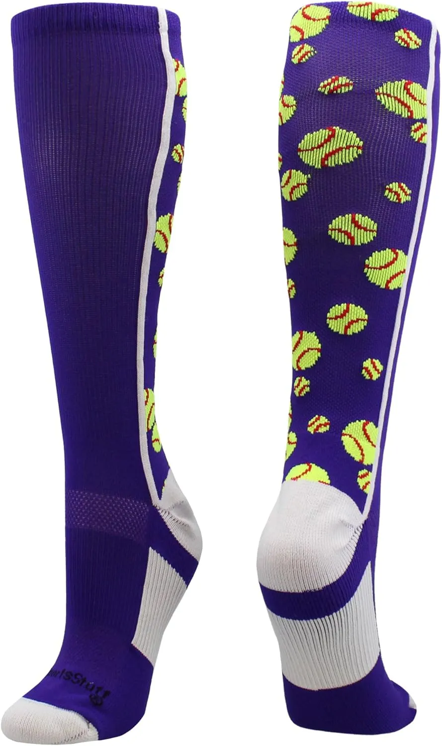 MadSportsStuff Crazy Softball Socks with Softballs for Girls Women Youth Adult Over the Calf Long Tall Fun Team Socks Gift