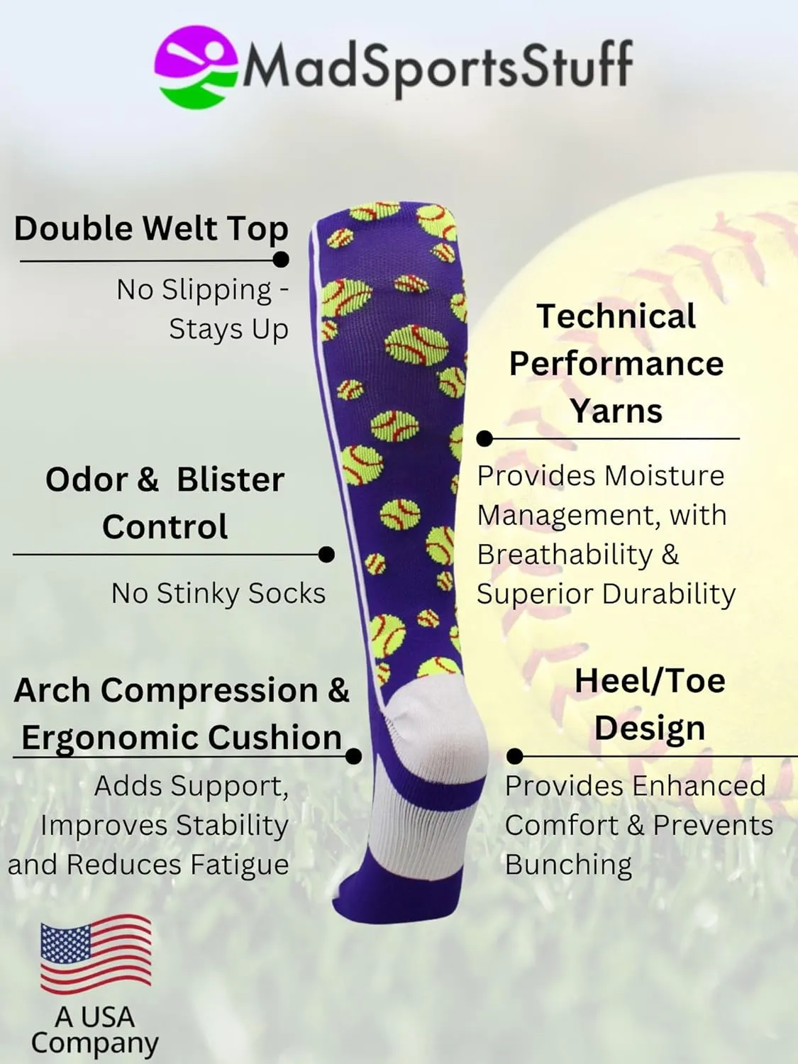 MadSportsStuff Crazy Softball Socks with Softballs for Girls Women Youth Adult Over the Calf Long Tall Fun Team Socks Gift