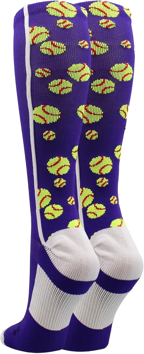 MadSportsStuff Crazy Softball Socks with Softballs for Girls Women Youth Adult Over the Calf Long Tall Fun Team Socks Gift