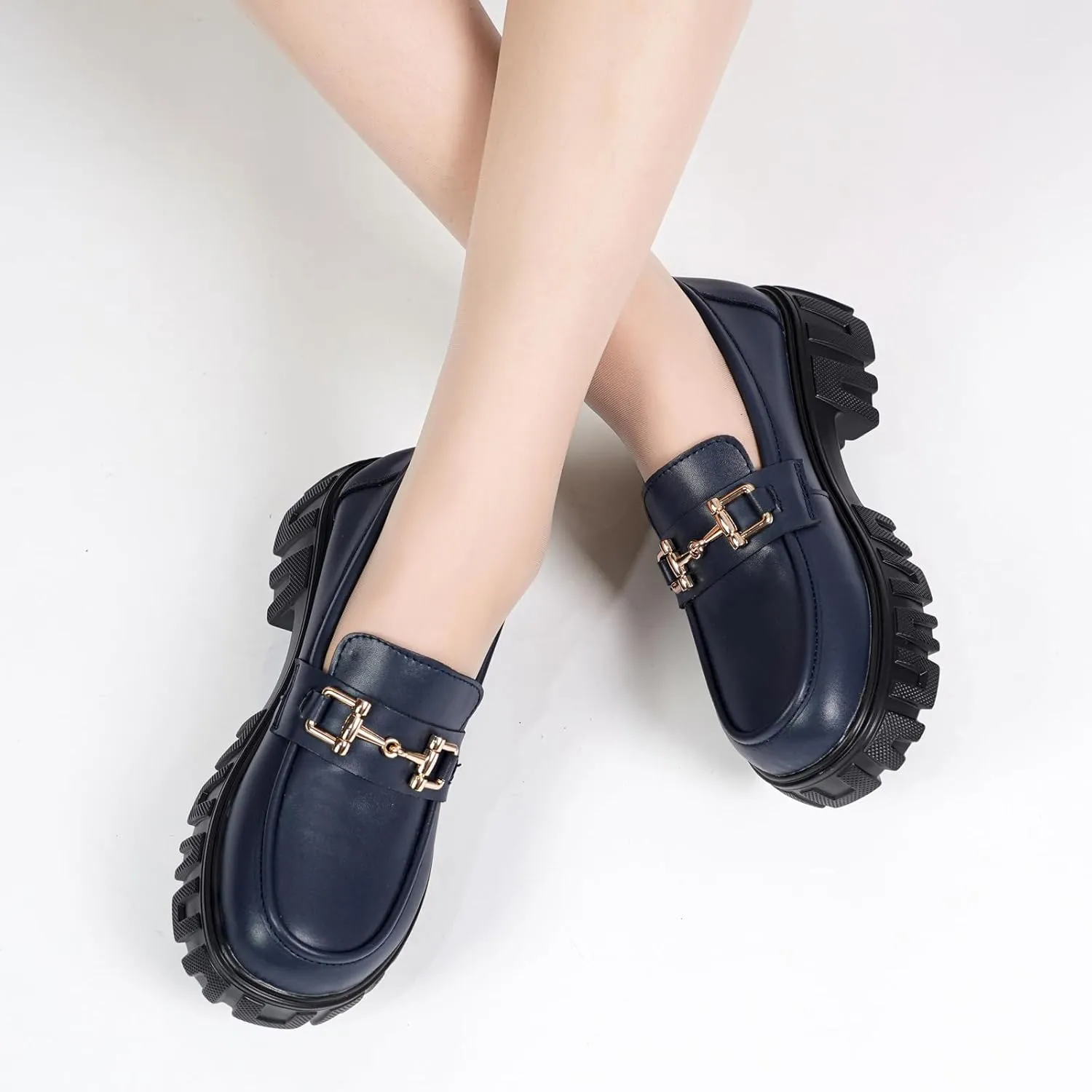 Maichal Platform Loafers for Women Slip On Chunky Heel Lug Sole Shoes Business Work Dressy Loafers with Chain