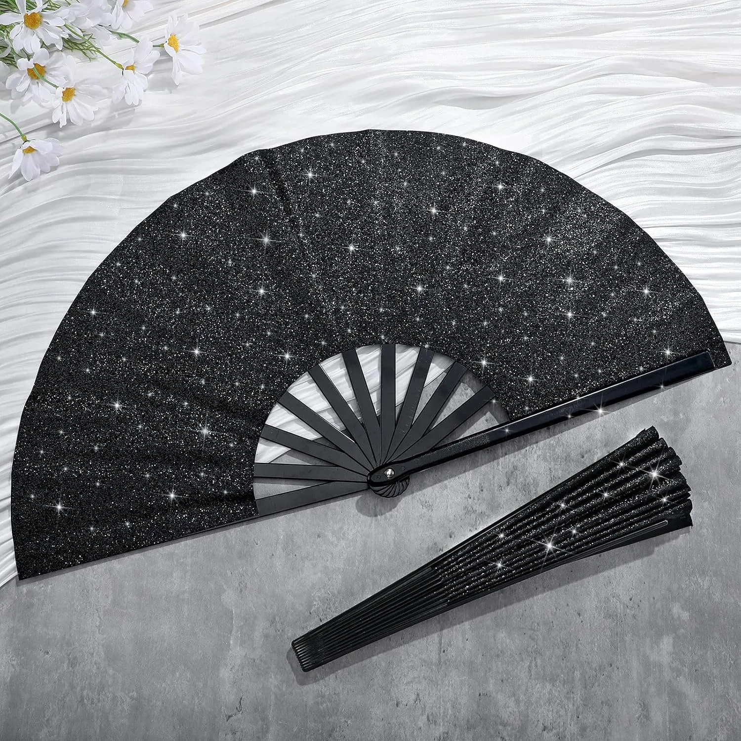 Maitys 2 Pcs Large Clap Fans for Line Dancing Folding Hand Rave Fan Nylon Cloth Foldable for Line Dancing Festival Craft Dance Decoration for Party Favors