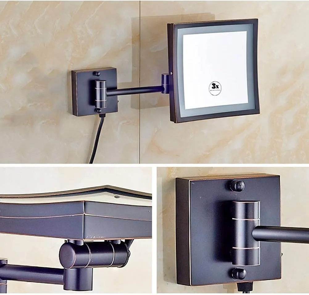 Makeup Mirror Bathroom 3X Magnifying Stainless Steel Black ORB Foldable Telescopic 360 Degree Rotation Square HD Mirror(White Light)
