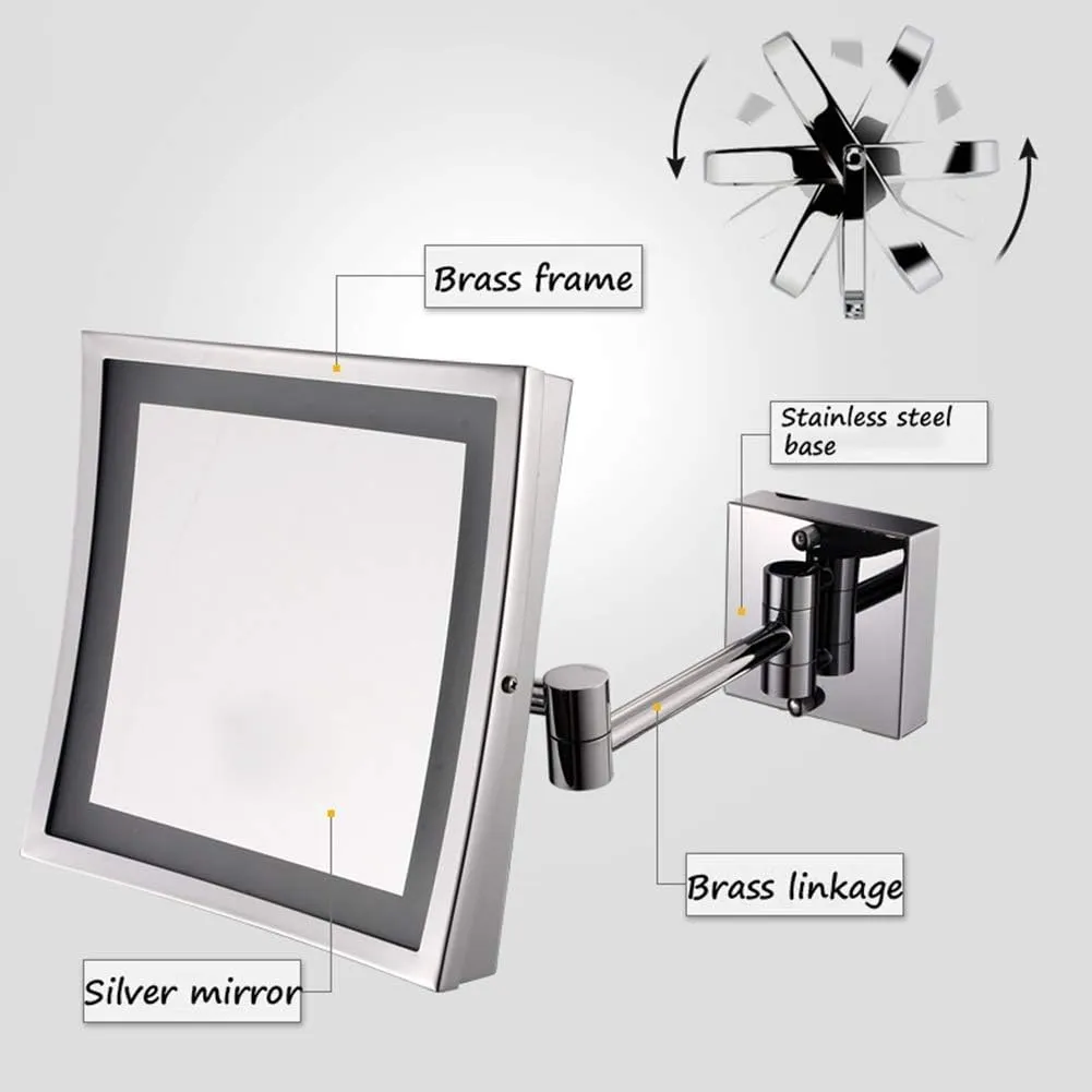Makeup Mirror Bathroom 3X Magnifying Stainless Steel Black ORB Foldable Telescopic 360 Degree Rotation Square HD Mirror(White Light)