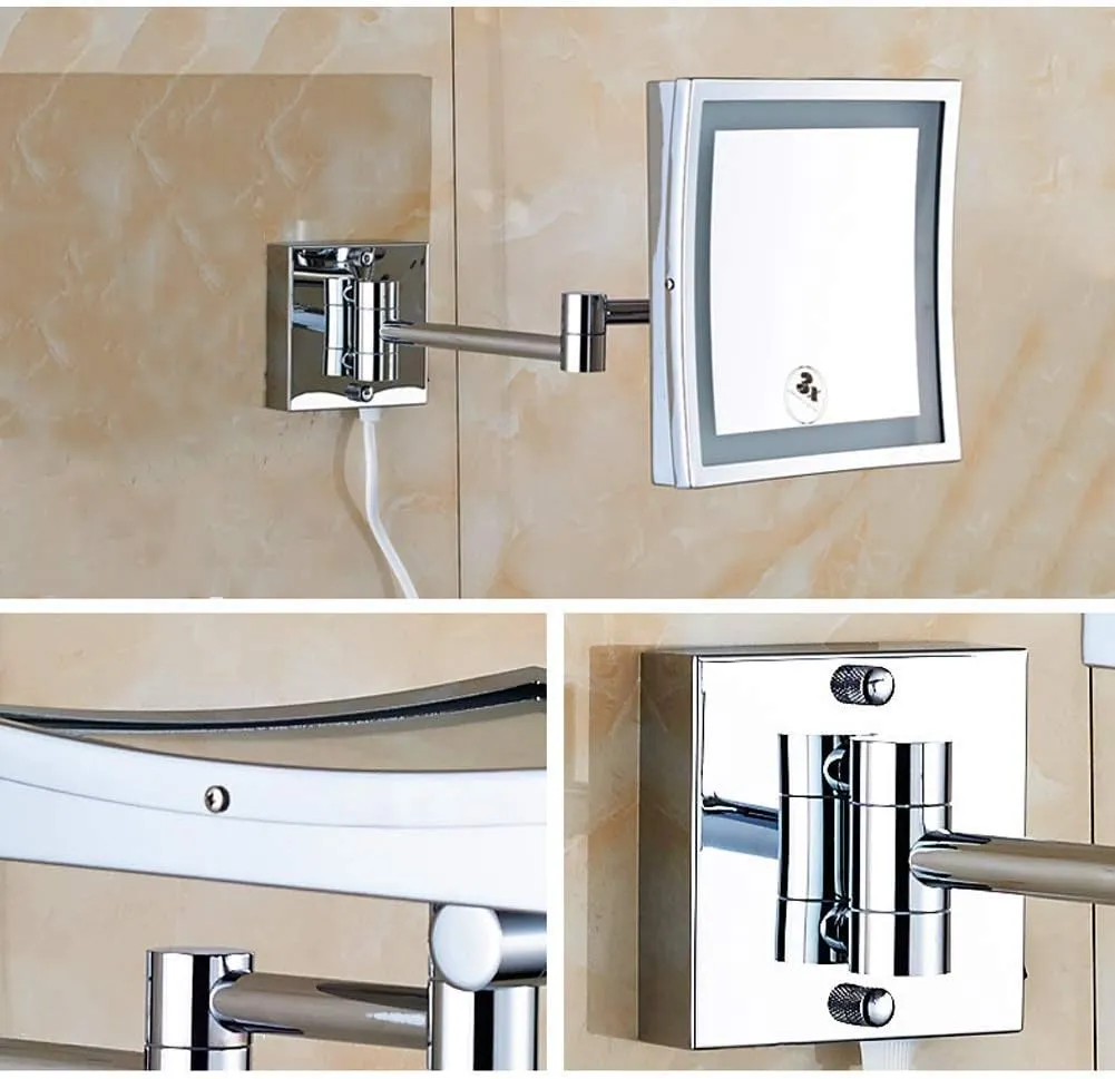 Makeup Mirror Bathroom Stainless Steel Foldable Telescopic 360 Degree Rotation 3X Magnifying Chrome Square HD Mirror(White Light) (Warm Light 20x20cm)