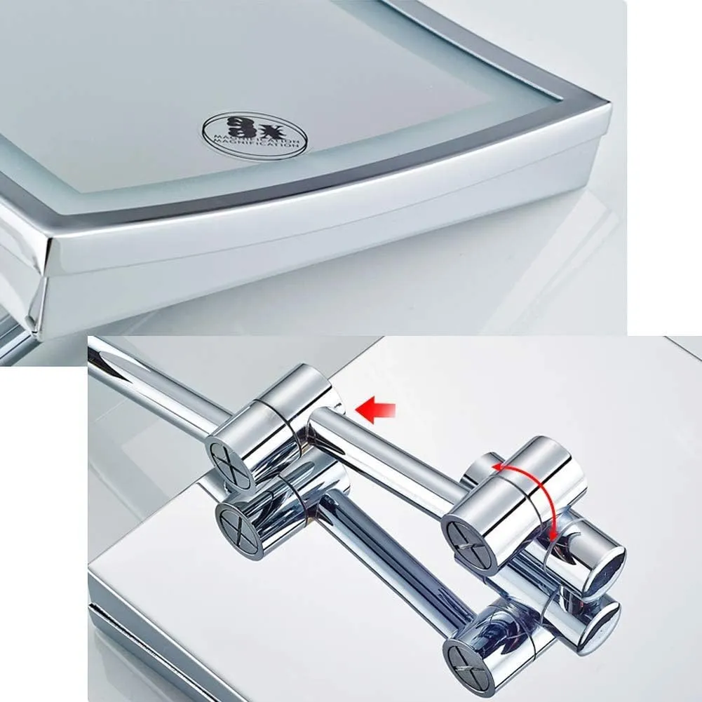 Makeup Mirror Bathroom Stainless Steel Foldable Telescopic 360 Degree Rotation 3X Magnifying Chrome Square HD Mirror(White Light) (Warm Light 20x20cm)