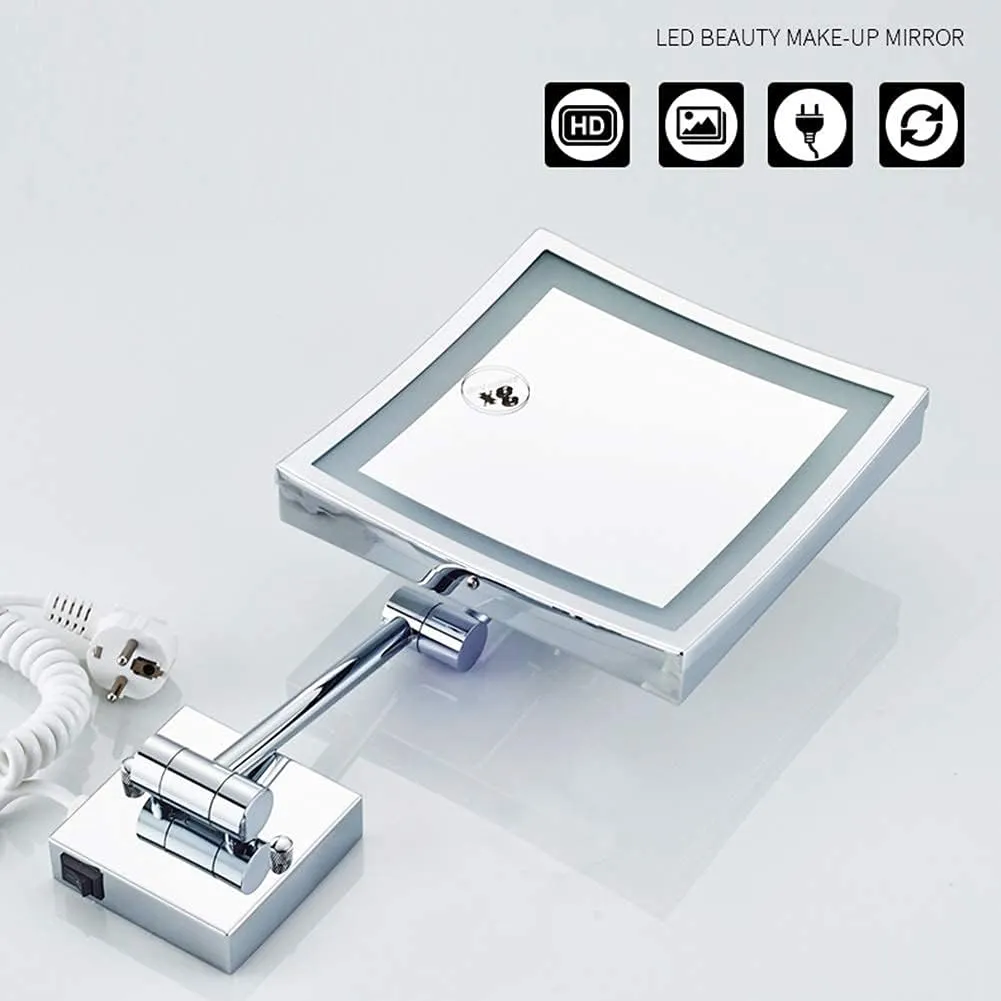 Makeup Mirror Bathroom Stainless Steel Foldable Telescopic 360 Degree Rotation 3X Magnifying Chrome Square HD Mirror(White Light) (Warm Light 20x20cm)