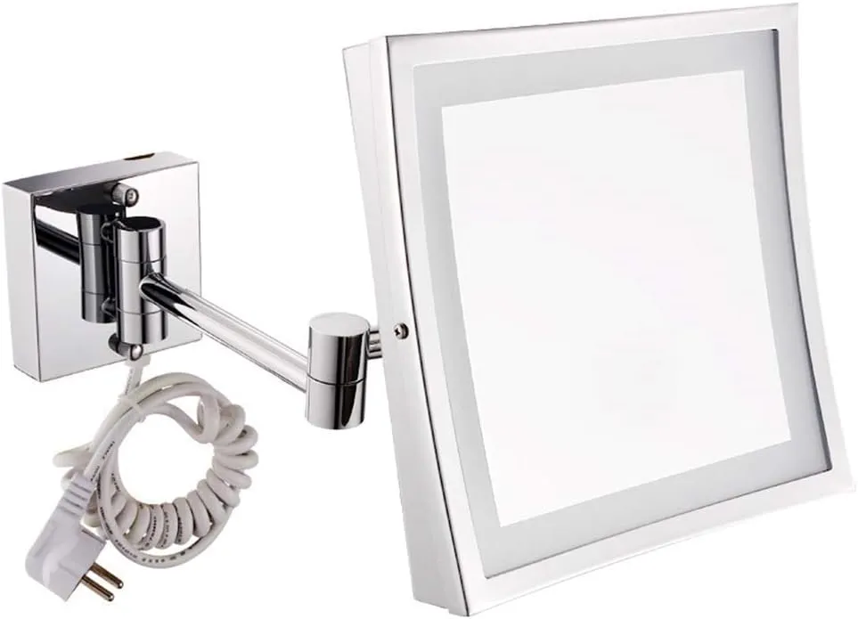 Makeup Mirror Bathroom Stainless Steel Foldable Telescopic 360 Degree Rotation 3X Magnifying Chrome Square HD Mirror(White Light) (Warm Light 20x20cm)
