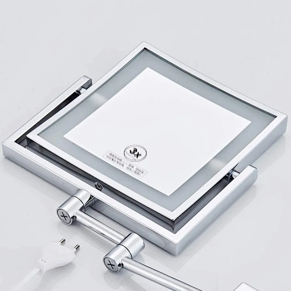 Makeup Mirror with Light Square Single Sided Folding Telescopic Wall Mounted 3 X Magnification Beauty Mirror