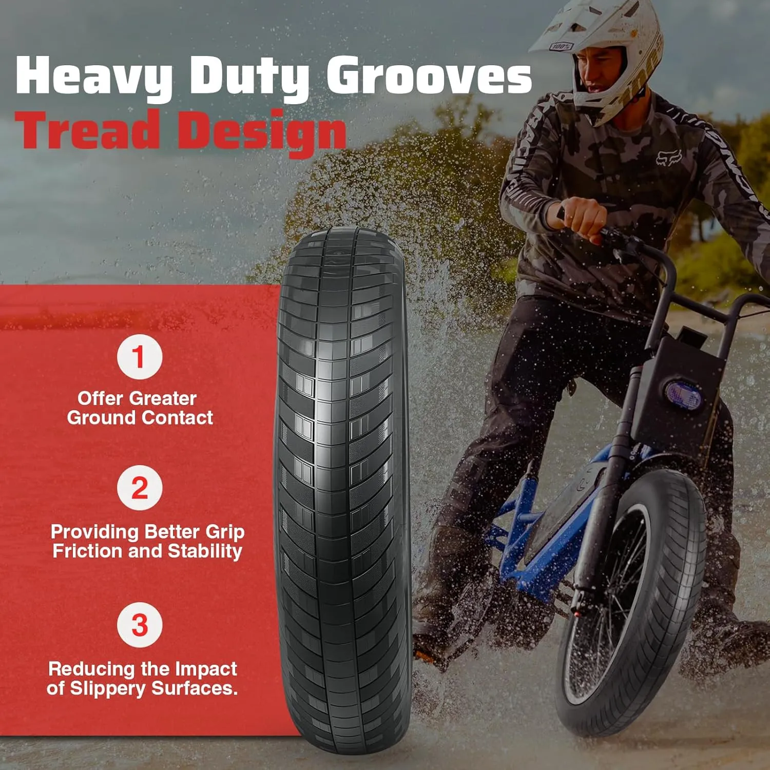 MEGHNA Fat Bike Tire 20/24 x 3.0 inch Mountain Bike Fat Tire 20/24 inch Heavy Duty Arrow Grooves Anti-Slip Foldable Replacement All Terrain Tire for Mountain Snow Kids Bike Beach Cruiser E-Bike