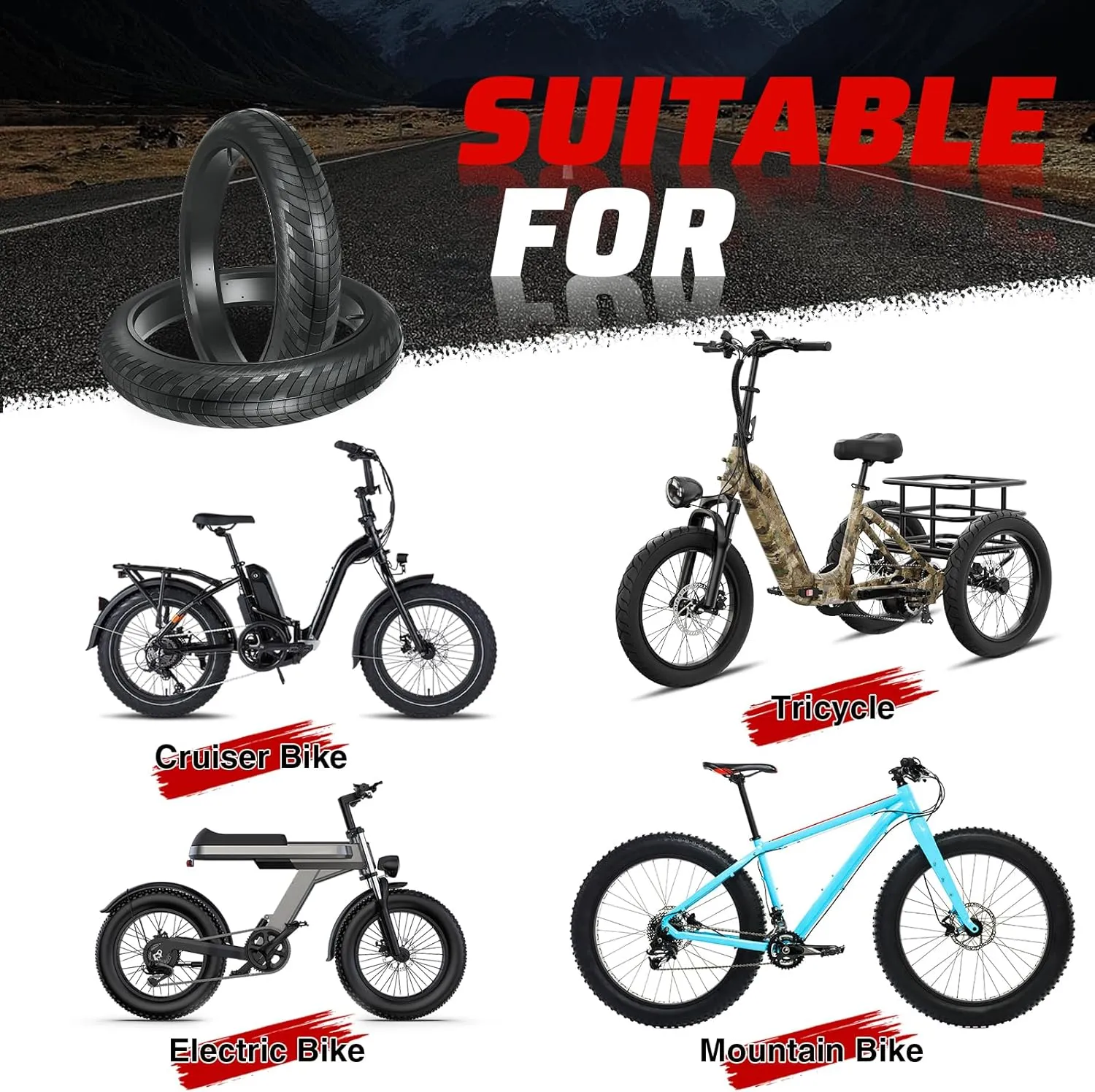 MEGHNA Fat Bike Tire 20/24 x 3.0 inch Mountain Bike Fat Tire 20/24 inch Heavy Duty Arrow Grooves Anti-Slip Foldable Replacement All Terrain Tire for Mountain Snow Kids Bike Beach Cruiser E-Bike