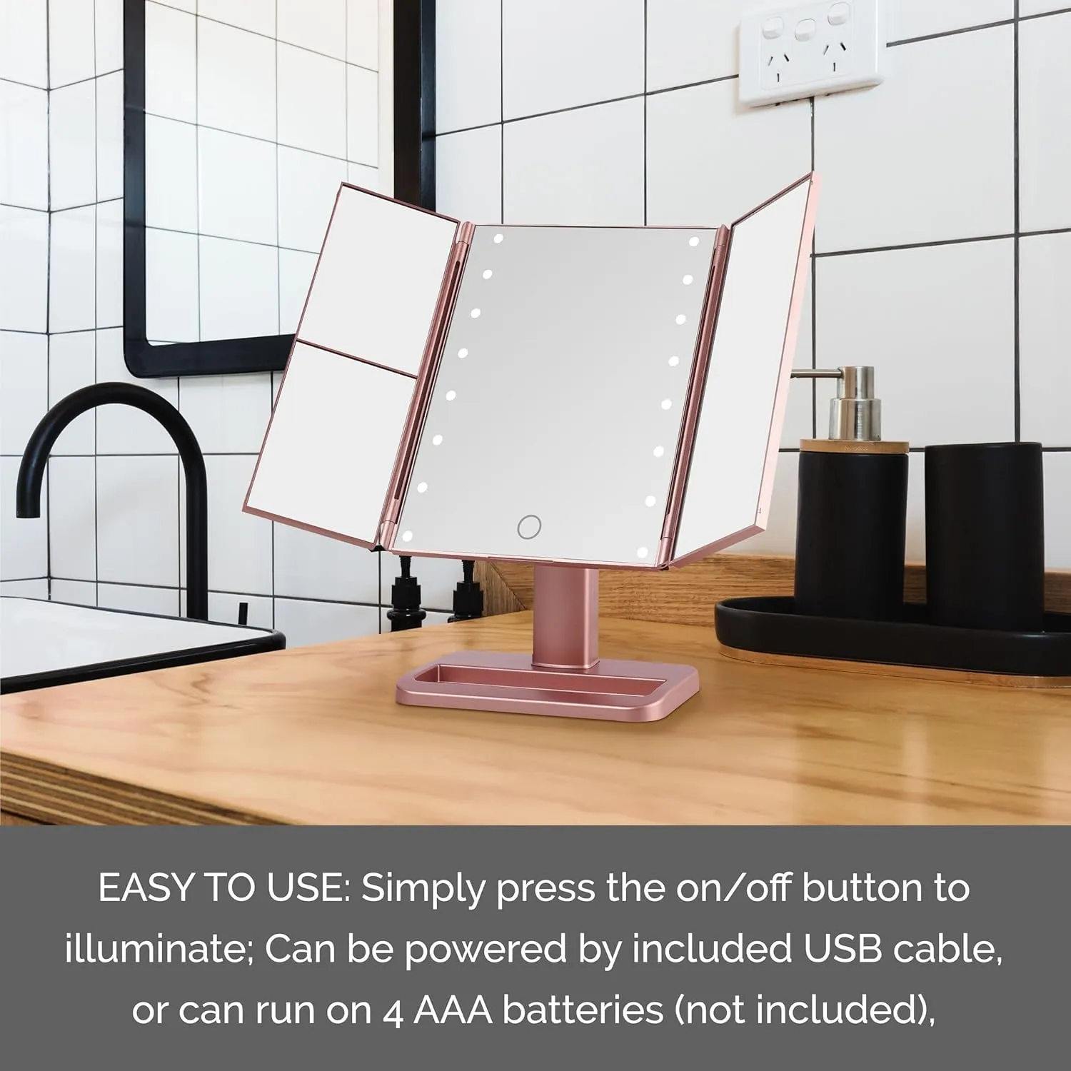 MELANNCO Rose Gold Tri Fold LED Vanity Mirror, 3 Magnifications and Dimmable LED Lights, Lighted Makeup Mirror, Touch Control