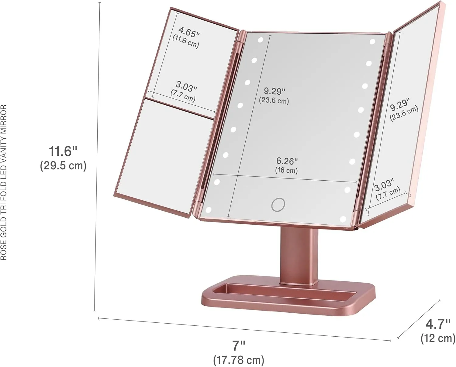 MELANNCO Rose Gold Tri Fold LED Vanity Mirror, 3 Magnifications and Dimmable LED Lights, Lighted Makeup Mirror, Touch Control