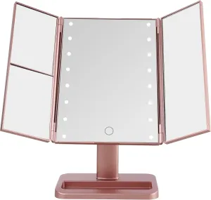 MELANNCO Rose Gold Tri Fold LED Vanity Mirror, 3 Magnifications and Dimmable LED Lights, Lighted Makeup Mirror, Touch Control