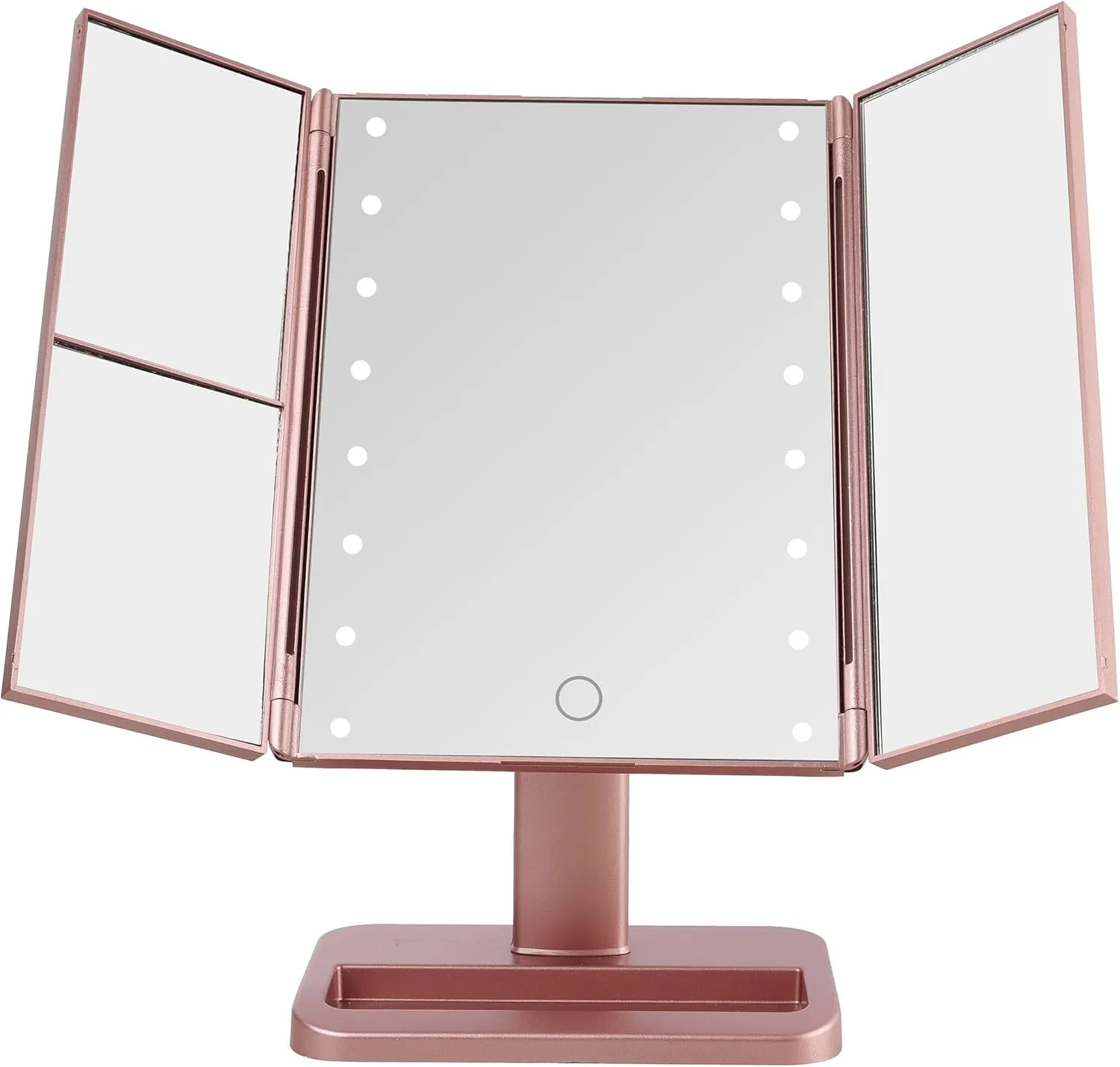 MELANNCO Rose Gold Tri Fold LED Vanity Mirror, 3 Magnifications and Dimmable LED Lights, Lighted Makeup Mirror, Touch Control