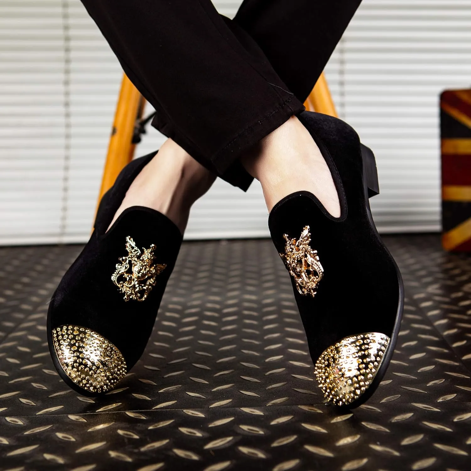 Men Genuine Leather Mens Metallic Textured Slip-on Glitter Loafers Shoes