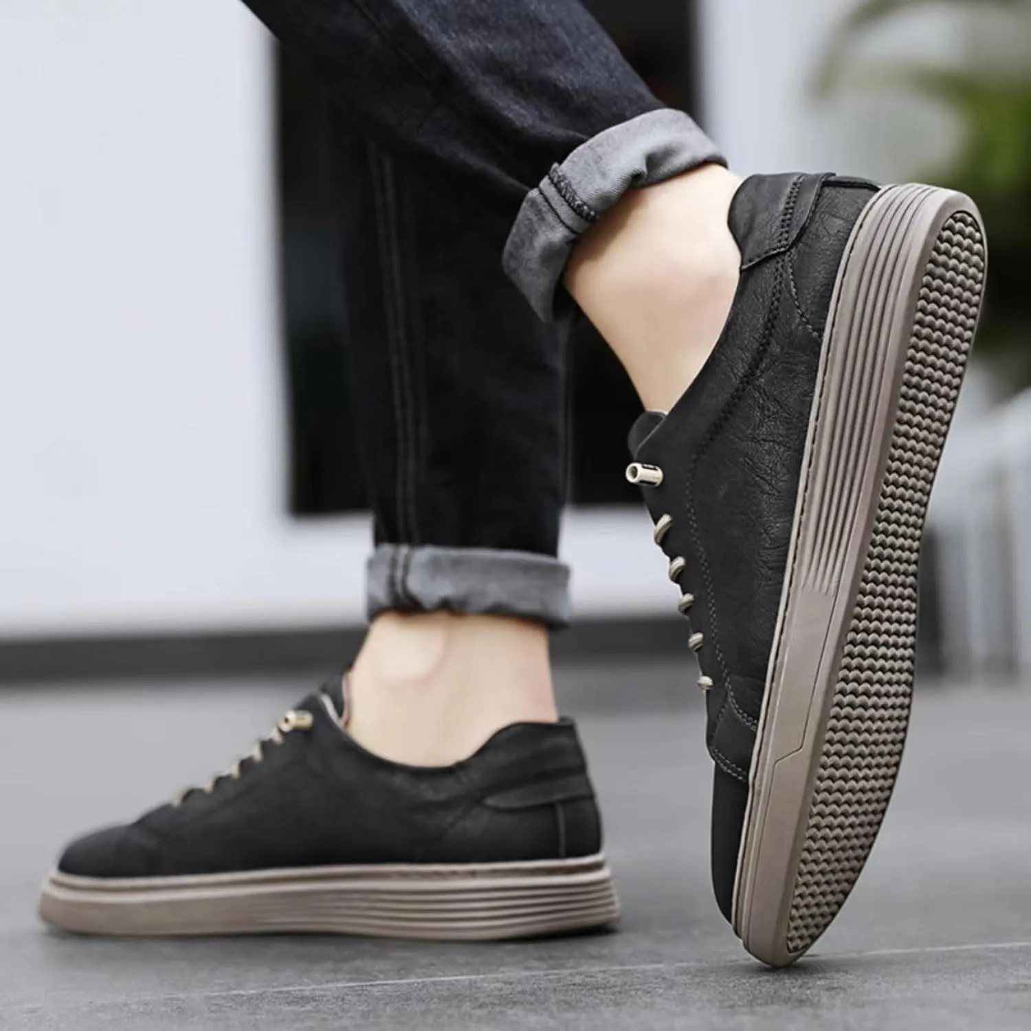 Mens Casual Slip-on Leather Sneakers with Elastic Band Classical Retro Breathable Flats Walking Oxford Shoes