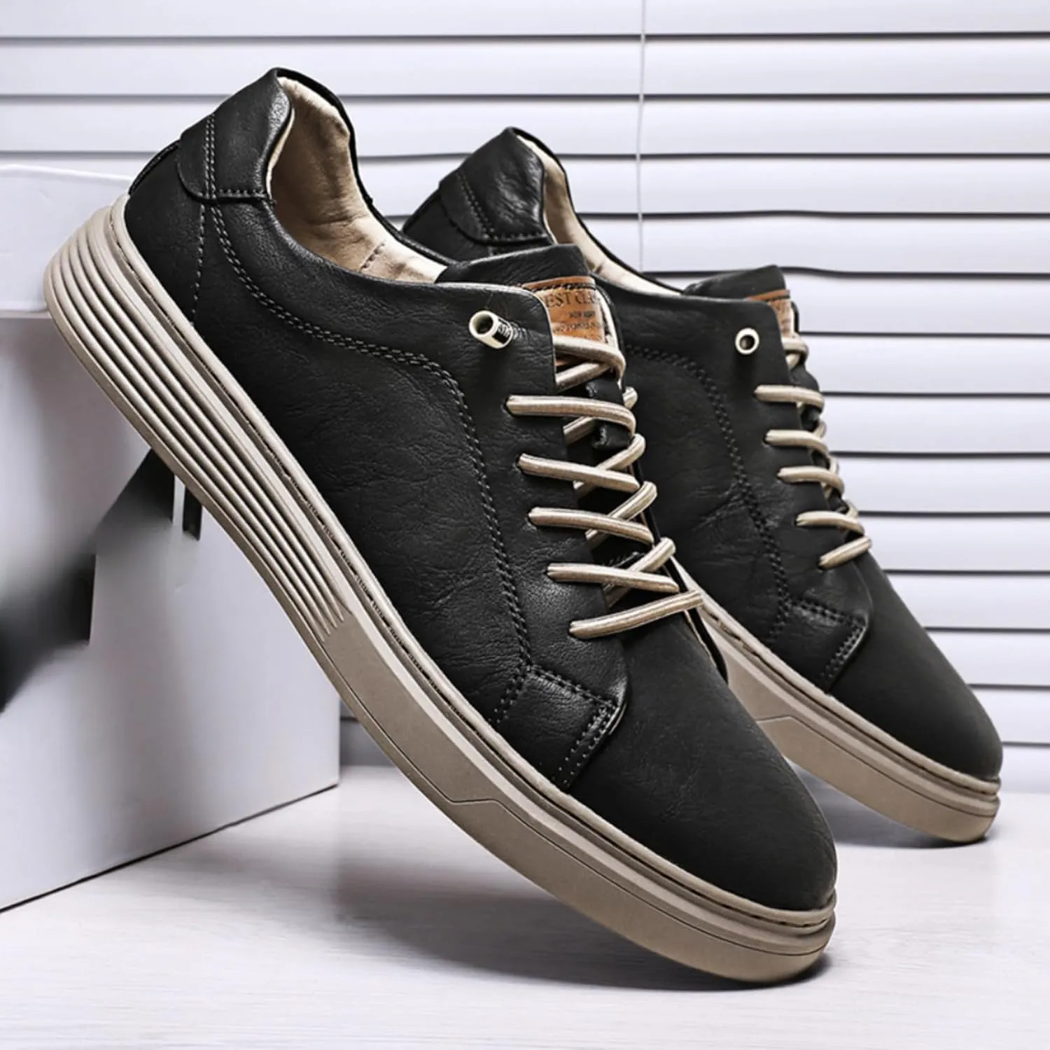 Mens Casual Slip-on Leather Sneakers with Elastic Band Classical Retro Breathable Flats Walking Oxford Shoes