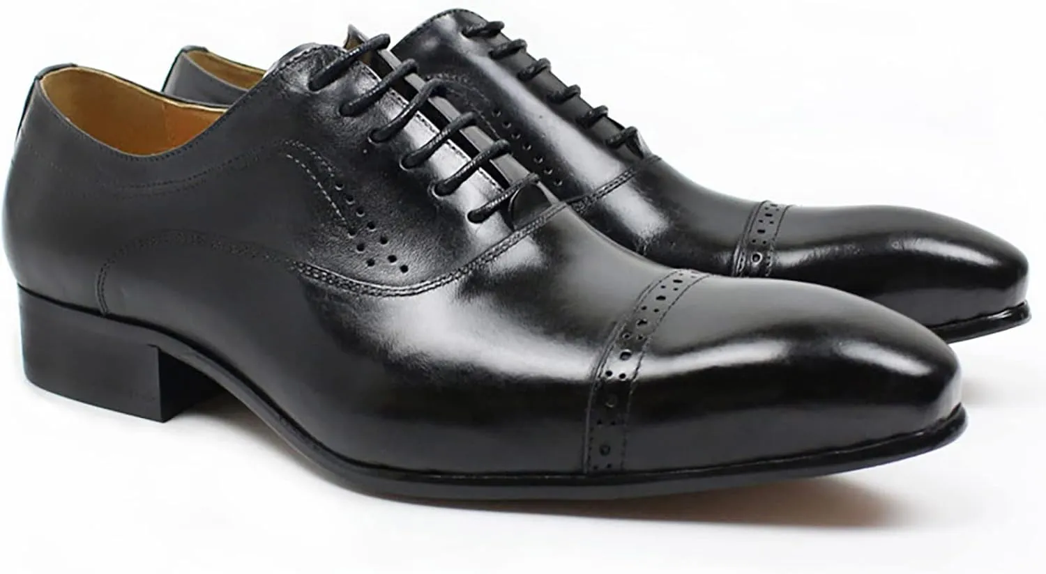 Mens Cowhide Wingtip Derbys Wedding Formal Lace-Up Oxfords Pointed Toe Brogues Vintage Dress Shoes,Black-43