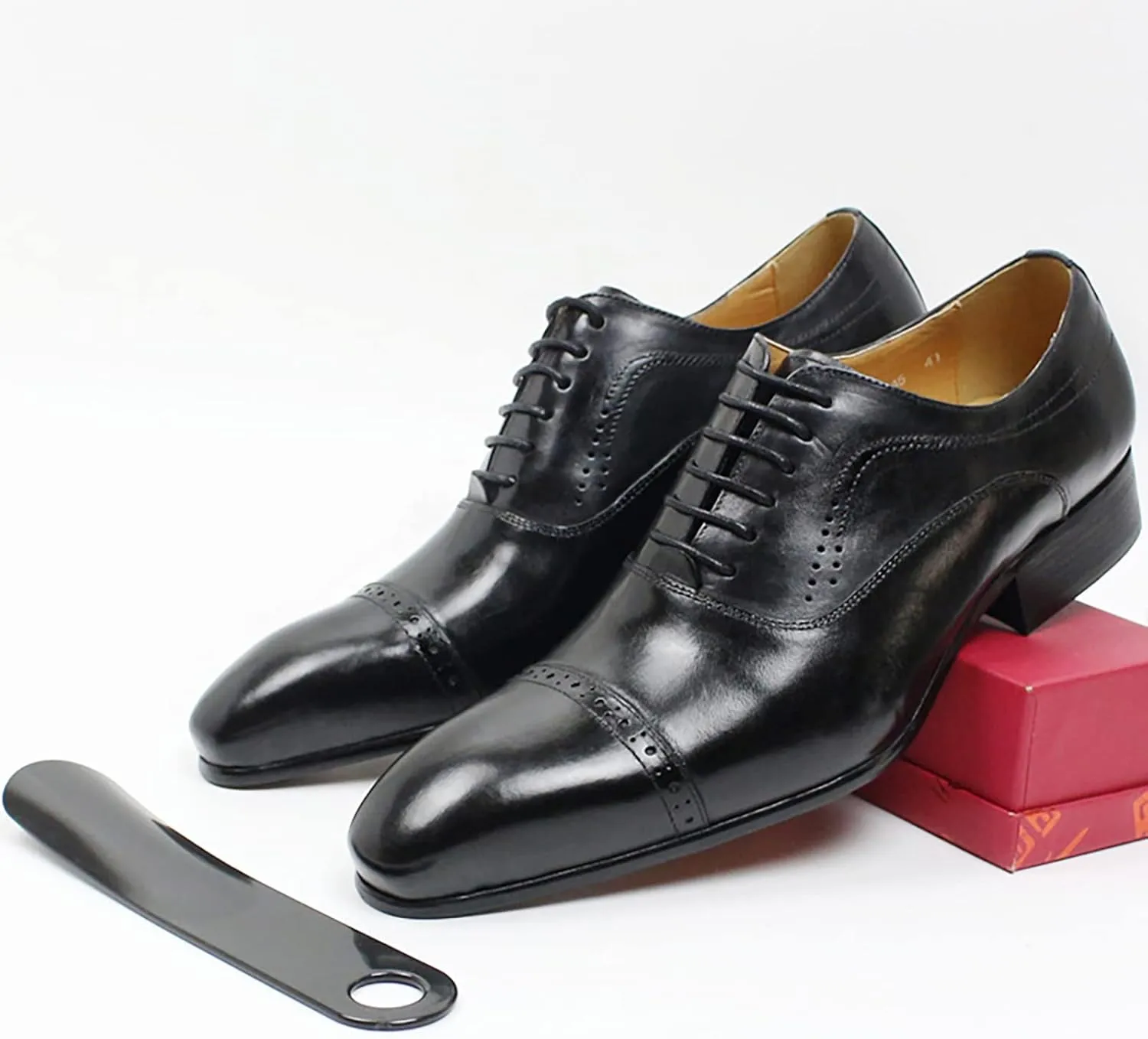 Mens Cowhide Wingtip Derbys Wedding Formal Lace-Up Oxfords Pointed Toe Brogues Vintage Dress Shoes,Black-43