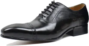 Mens Cowhide Wingtip Derbys Wedding Formal Lace-Up Oxfords Pointed Toe Brogues Vintage Dress Shoes,Black-43