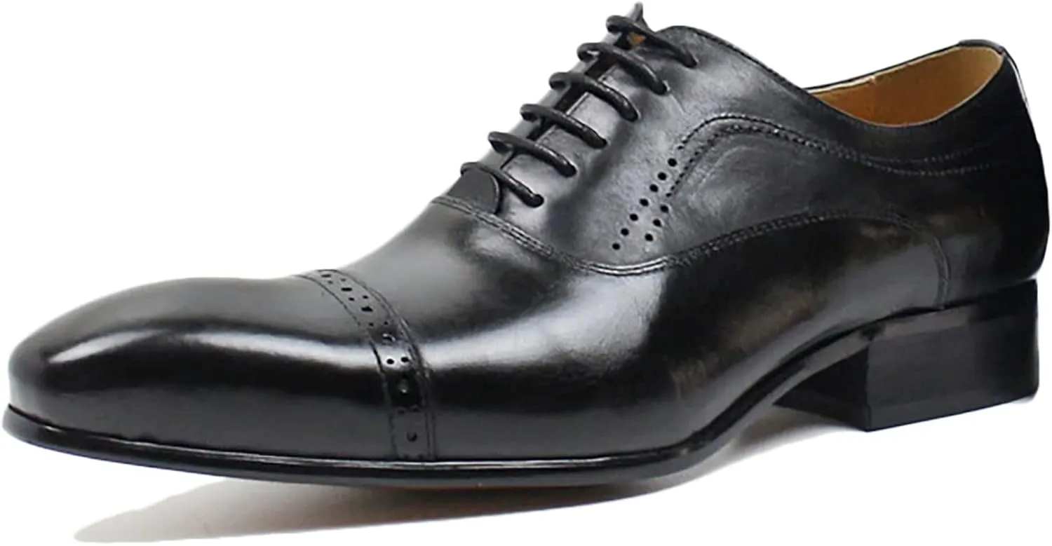 Mens Cowhide Wingtip Derbys Wedding Formal Lace-Up Oxfords Pointed Toe Brogues Vintage Dress Shoes,Black-43