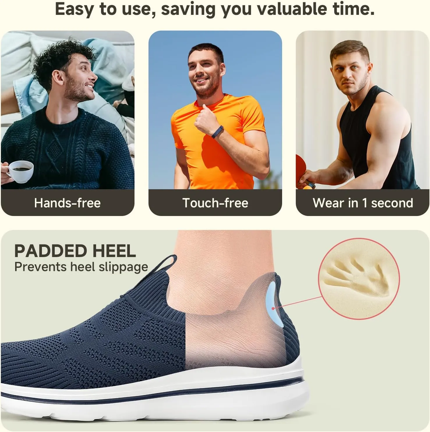 Men's Hands-Free Slip On Sneakers | Laceless Walking Shoes for Gym/Travel/Office