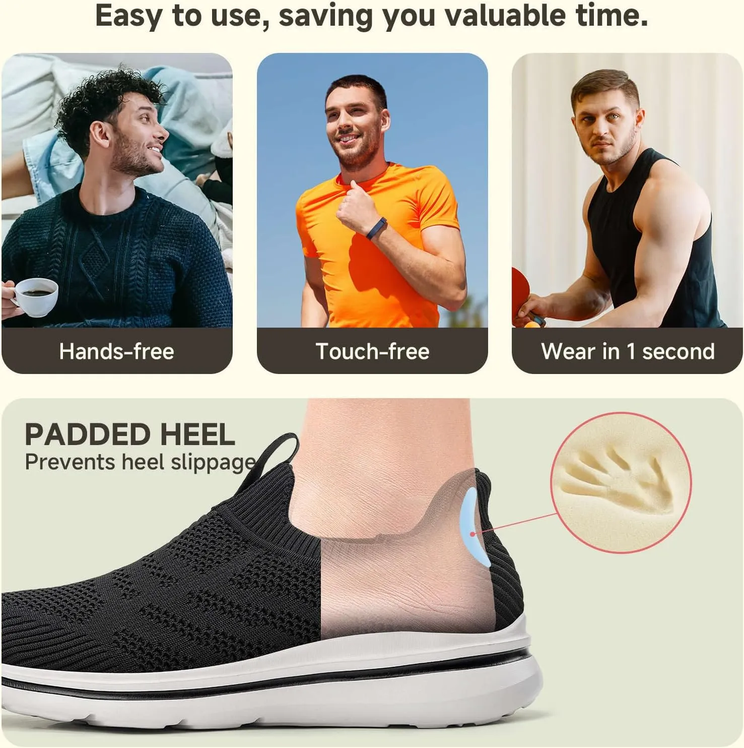 Men's Hands-Free Slip On Sneakers | Laceless Walking Shoes for Gym/Travel/Office