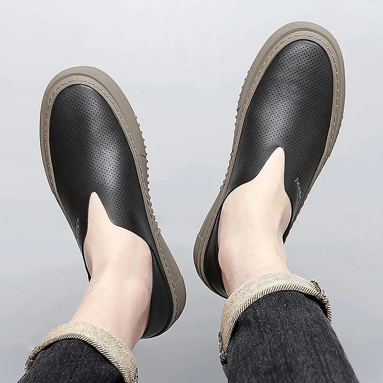 Men's Hollow Soft Sole Slip On Flat Loafers,Handmade Stitching Fashion Casual Outdoor Breathable Lightweight Driving Dress Shoe,Moccasin Cutout Flats