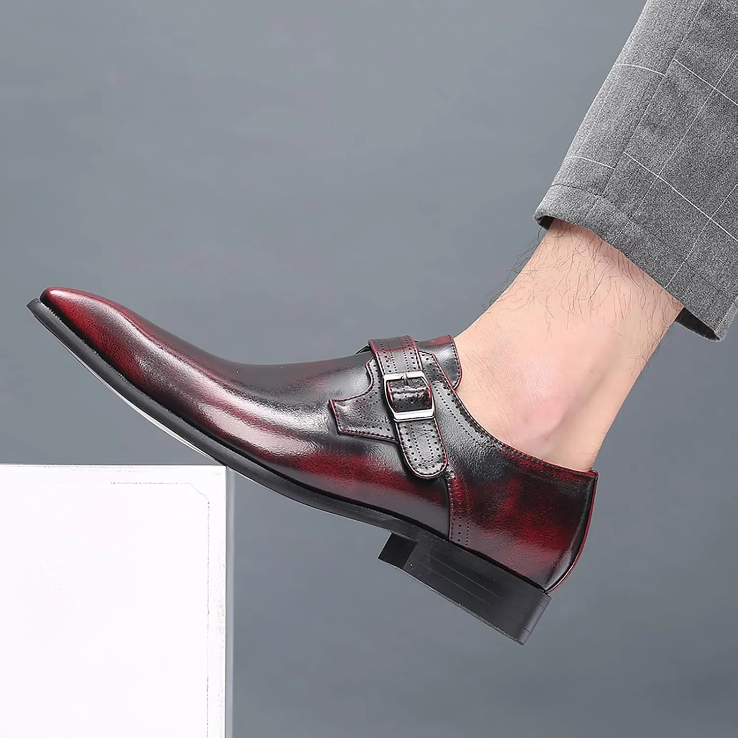 Men's Leather Pointed Toe Dress Shoes,Fashion English Style Adjustable Metal Buckle Hook & Loop Decorate Slip On Block Heel Formal Business Wedding Oxford Shoes Loafer