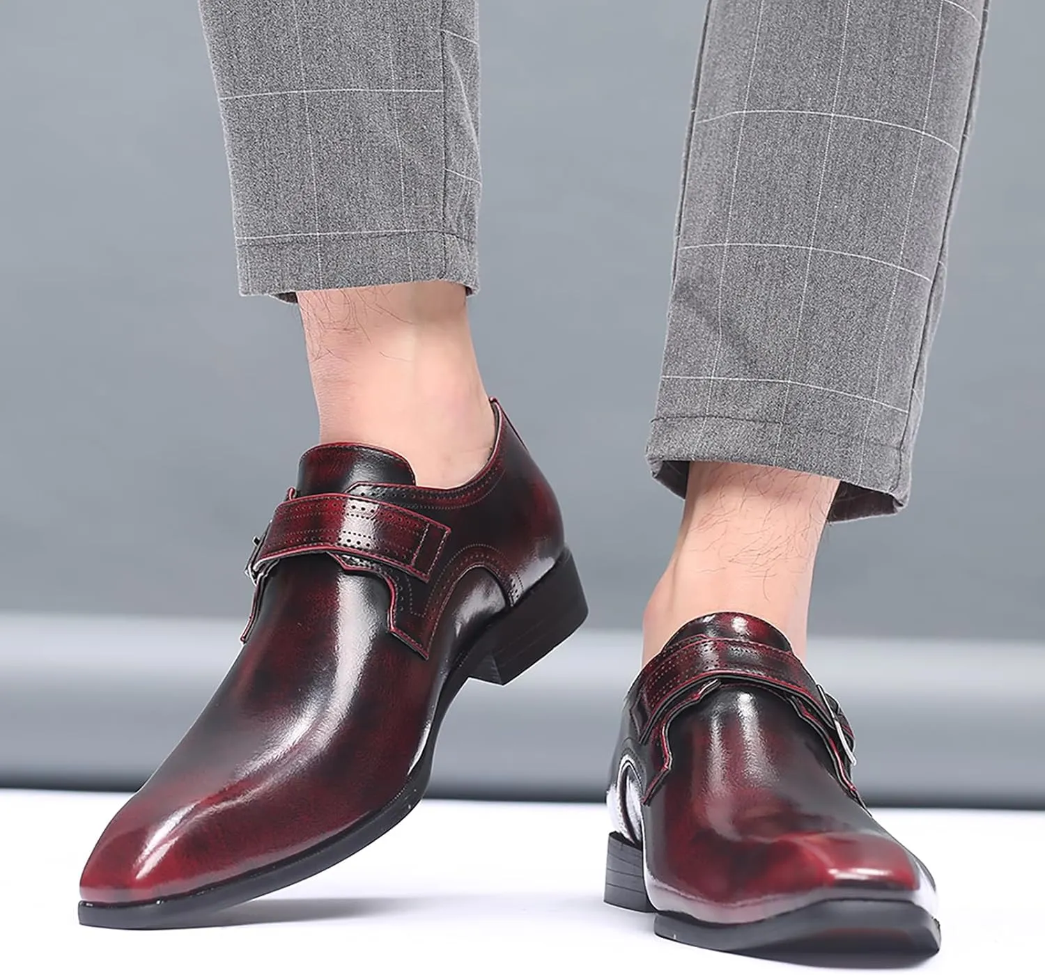 Men's Leather Pointed Toe Dress Shoes,Fashion English Style Adjustable Metal Buckle Hook & Loop Decorate Slip On Block Heel Formal Business Wedding Oxford Shoes Loafer